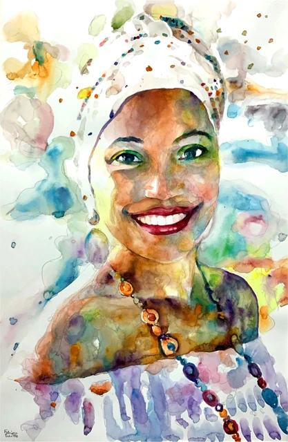 A smiling woman wearing a white headwrap and beaded necklaces, watercolor by Fabiano Santos