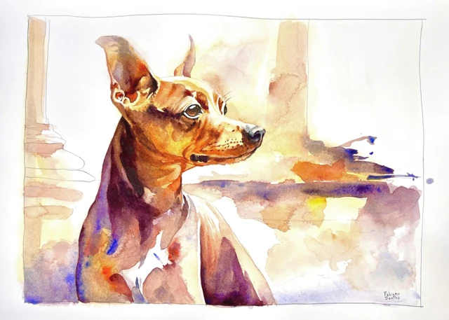 A small upright dog in warm light with soft violet shadows, watercolor by Fabiano Santos