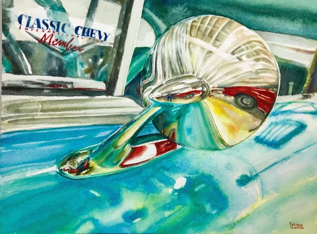 Chrome side mirror and Bel Air emblem on a turquoise 1957 Chevrolet, watercolor by Fabiano Santos