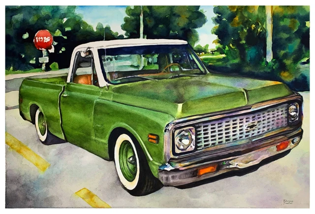 A green vintage Chevrolet pickup truck parked beneath trees, watercolor by Fabiano Santos