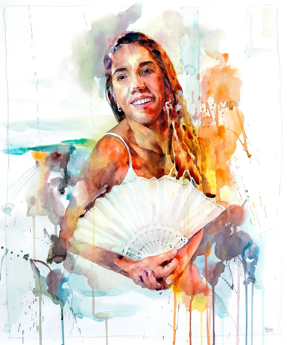 A seated woman holding a white fan, with loose orange and blue washes, watercolor by Fabiano Santos