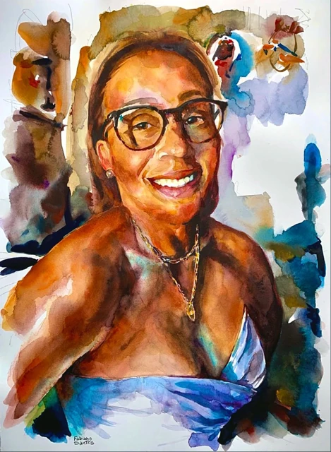 A smiling woman wearing dark glasses and a blue dress, watercolor by Fabiano Santos