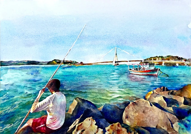 A figure fishing from rocks beside turquoise water and moored boats, watercolor by Fabiano Santos