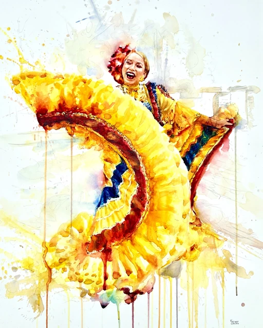 A dancer spreading a flowing yellow skirt, watercolor by Fabiano Santos