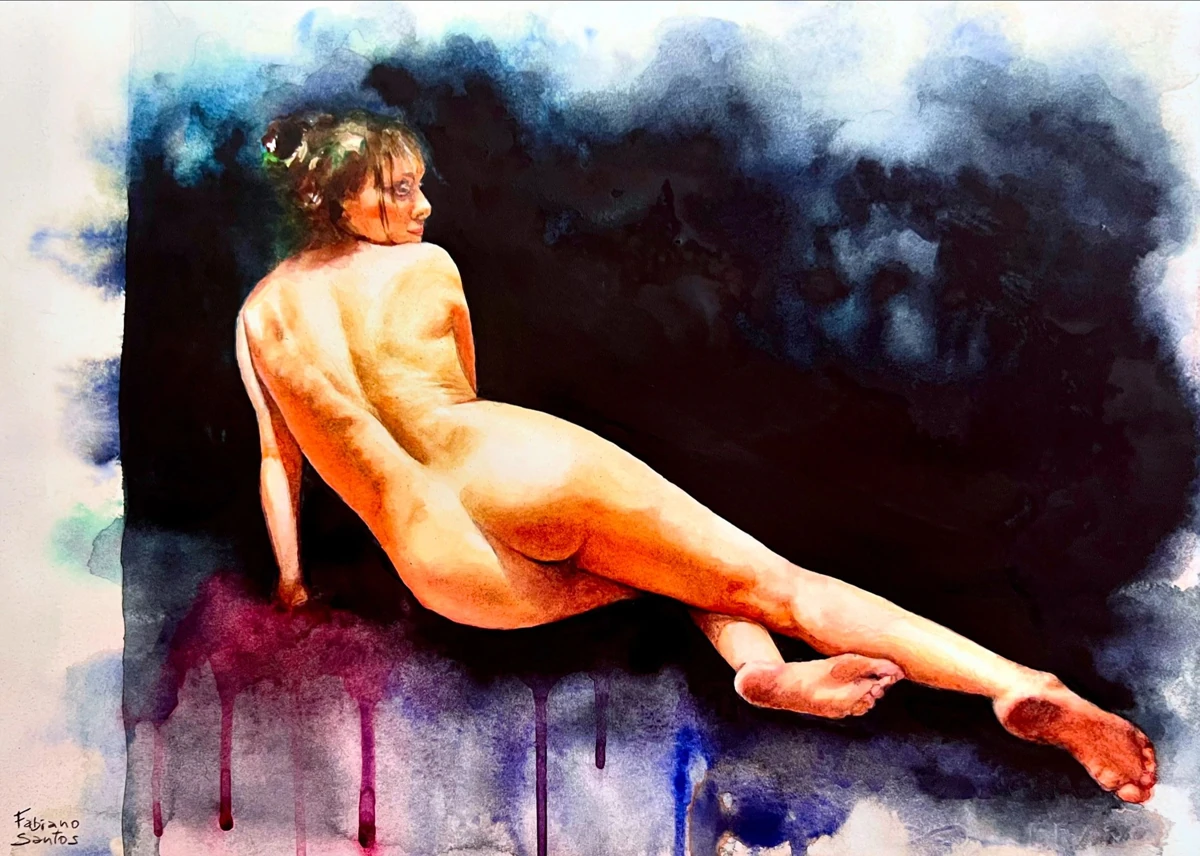 A reclining nude figure against dark blue and violet washes, watercolor by Fabiano Santos