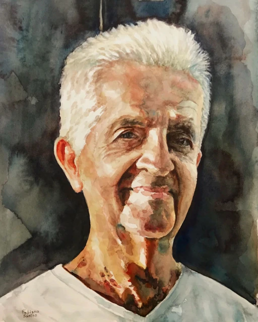 A white-haired man in a dark shirt against a muted background, watercolor by Fabiano Santos
