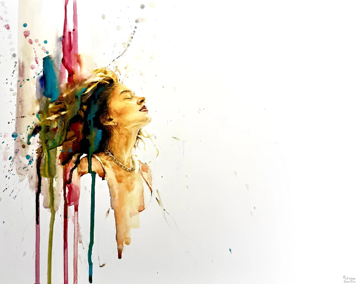 Danna 2: an upward-facing portrait beside falling red and teal pigment