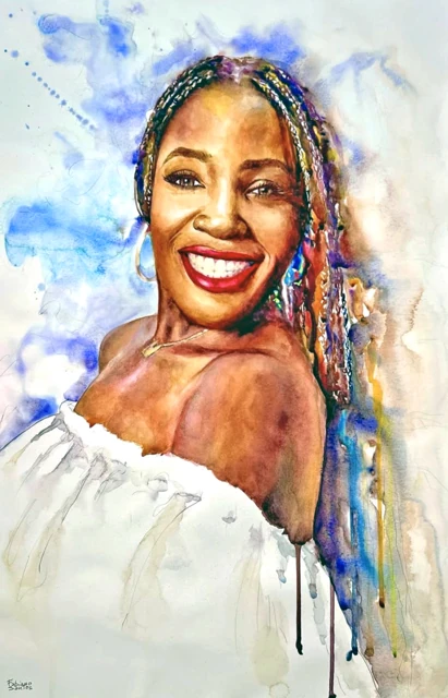 A smiling woman with long braids against flowing blue and violet washes, painting by Fabiano Santos