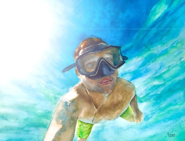 Fabiano swimming underwater with a diving mask in a blue and turquoise self-portrait, watercolor by Fabiano Santos
