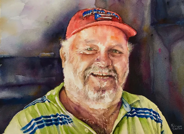 A bearded man in a red cap and striped shirt, watercolor by Fabiano Santos