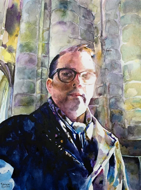 A bespectacled man among tall tree trunks, watercolor by Fabiano Santos