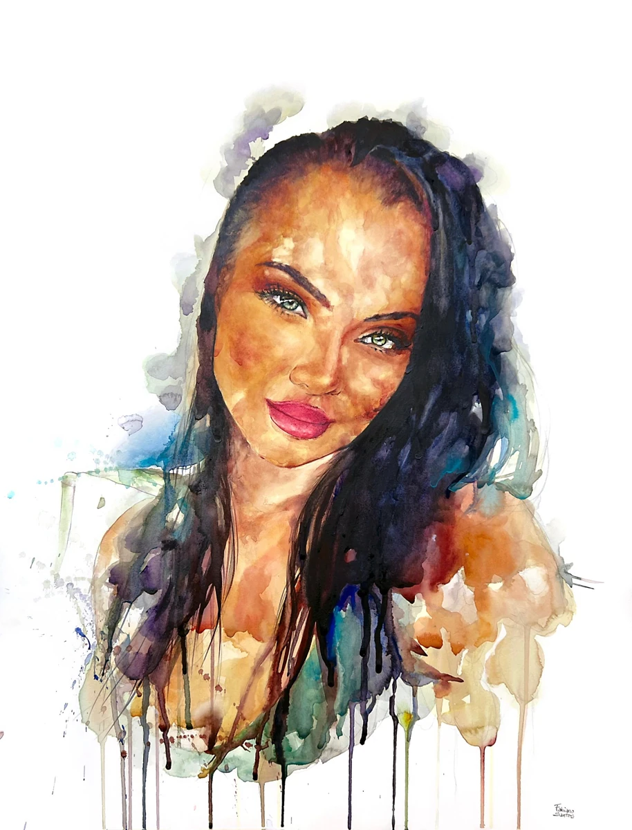A dark-haired woman looking out from an open field of white paper, watercolor by Fabiano Santos