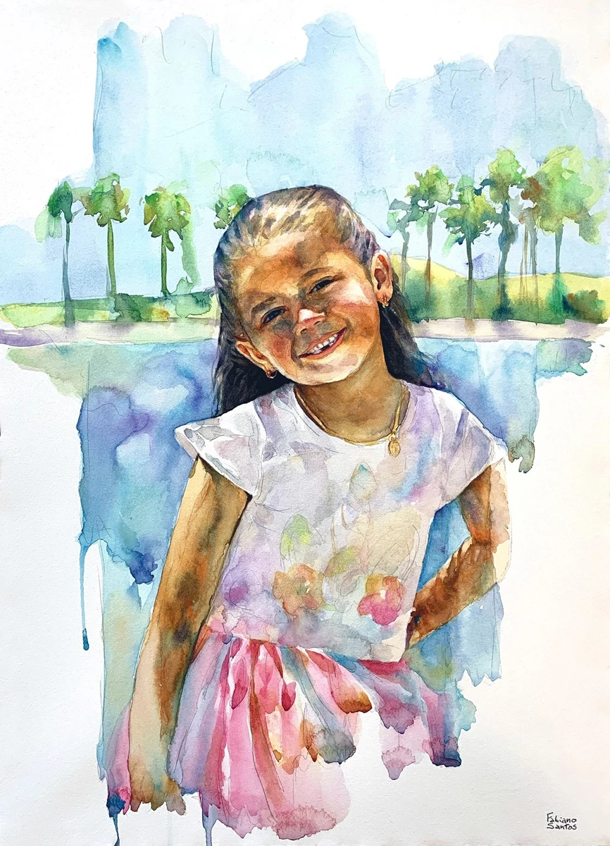A smiling girl standing outdoors in a pale colorful dress, watercolor by Fabiano Santos