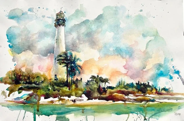 A lighthouse rising above palms beside the sea, watercolor by Fabiano Santos