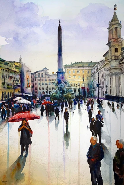 Pedestrians and red umbrellas crossing a rain-washed Italian square, watercolor by Fabiano Santos
