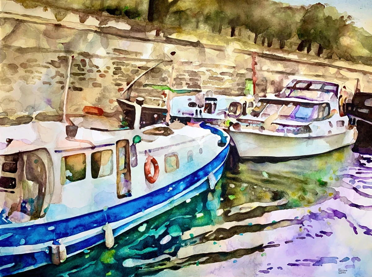 Moored boats and colorful reflections along a stone riverbank, watercolor by Fabiano Santos