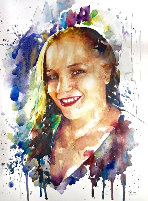 A smiling woman surrounded by lively purple and blue washes, watercolor by Fabiano Santos