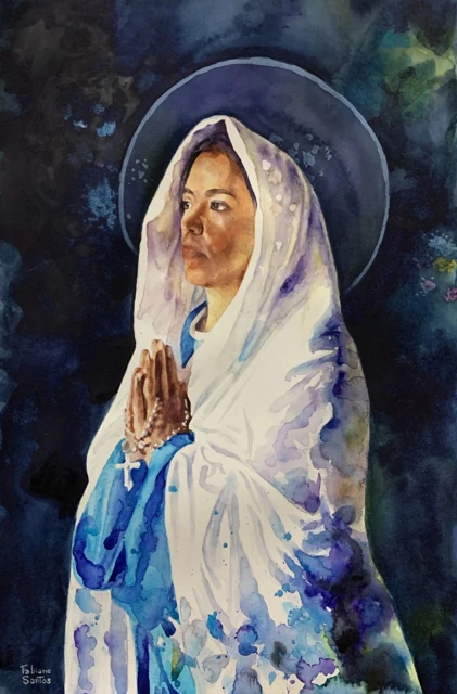 A veiled woman praying with clasped hands against a dark blue background, watercolor by Fabiano Santos