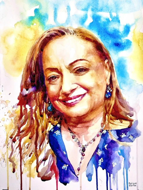 A smiling woman against luminous turquoise and yellow washes, watercolor by Fabiano Santos