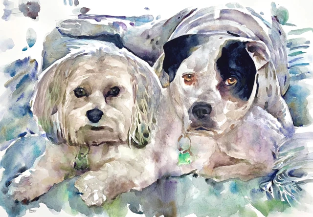 Two dogs nestled among loose grey and blue washes, watercolor by Fabiano Santos