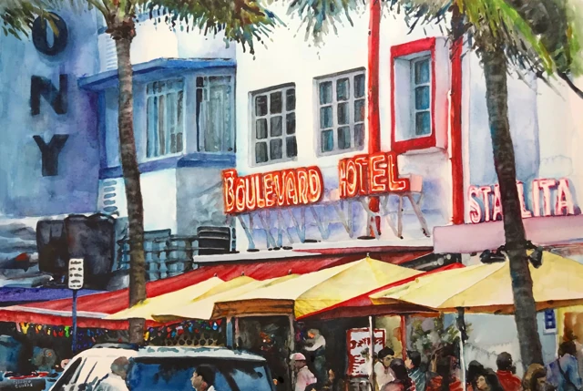 The Boulevard Hotel neon sign above colorful South Beach buildings, watercolor by Fabiano Santos