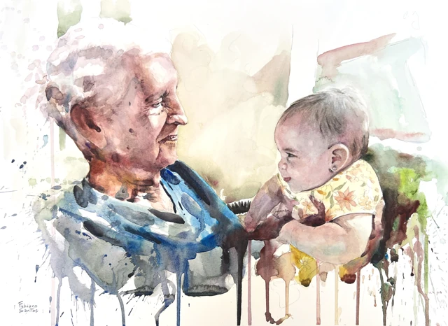 An older man holding a baby as they look at each other, painting by Fabiano Santos
