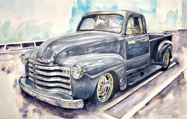 A vintage grey pickup truck with a rounded grille, watercolor by Fabiano Santos