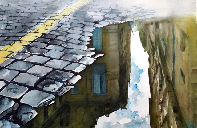 Old Roman buildings reflected in a puddle beside cobblestones and a yellow road marking, watercolor by Fabiano Santos