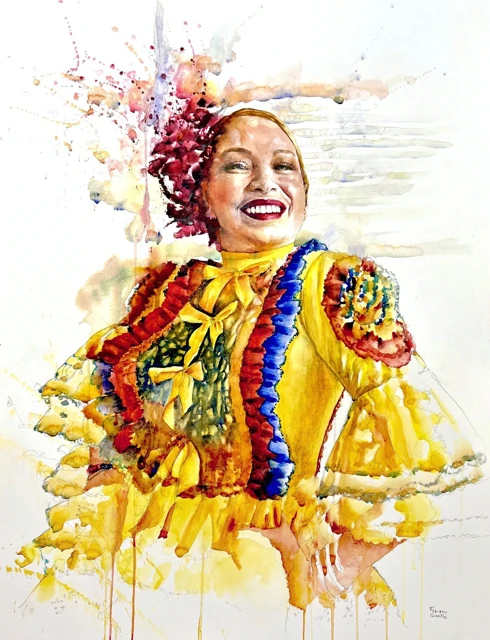 A smiling woman in an ornate yellow traditional costume, watercolor by Fabiano Santos
