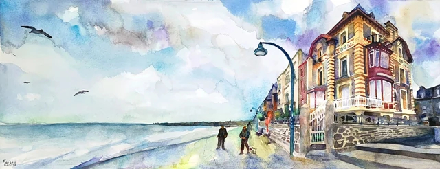 A coastal promenade and tall seaside buildings under a cloudy sky, watercolor by Fabiano Santos