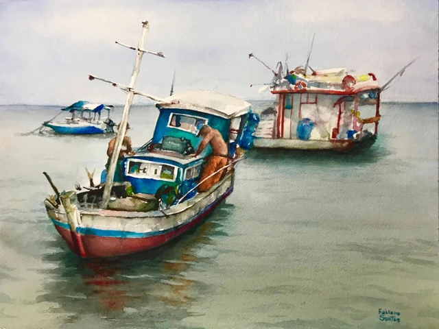 Two fishing boats on quiet water in Salvador beneath an overcast sky, watercolor by Fabiano Santos