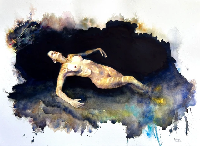 A reclining nude figure suspended in a dark pool of flowing pigment, watercolor by Fabiano Santos