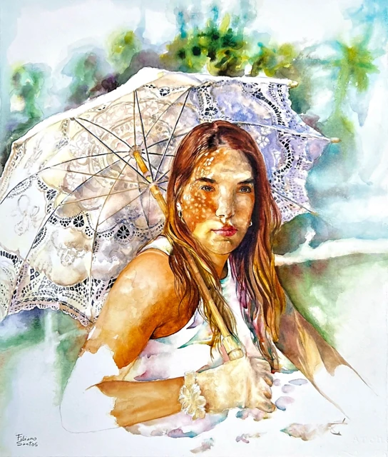 A woman sheltered by a pale patterned parasol, watercolor by Fabiano Santos