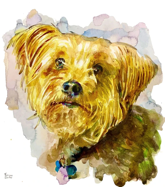 A small golden-haired dog on white paper, watercolor by Fabiano Santos