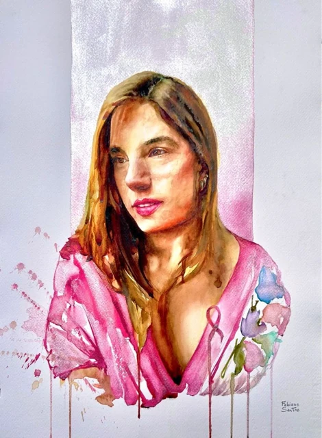 A woman wrapped in pink fabric against a pale background, watercolor by Fabiano Santos