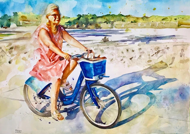 A woman beside a blue bicycle on a bright sandy beach, watercolor by Fabiano Santos