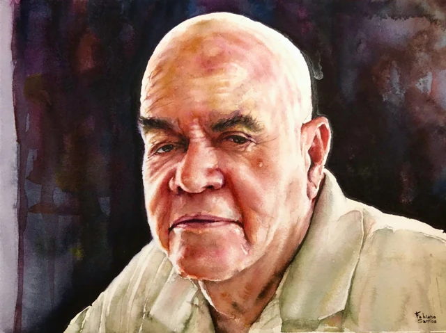 A closely observed portrait of an older man in a light shirt, watercolor by Fabiano Santos